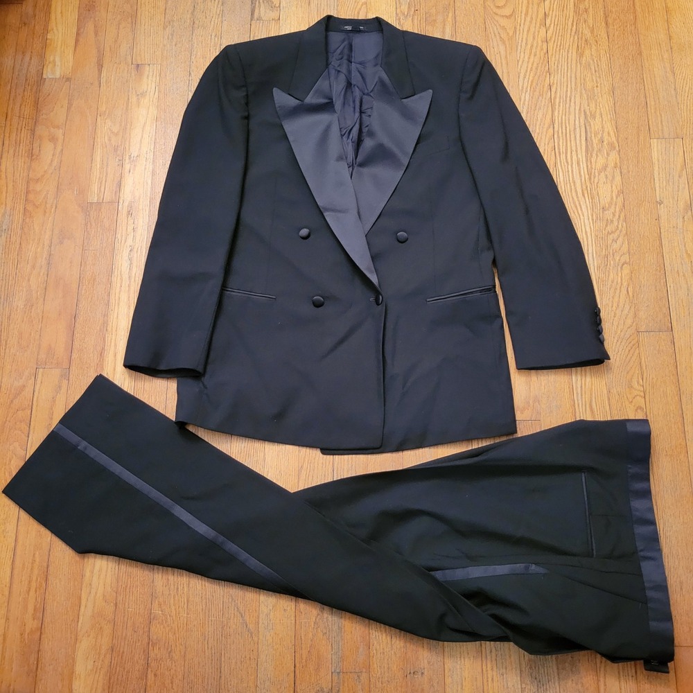 Abriani 42R Tuxedo Suit Black Double Breasted Wool Italy Wedding Formal Prom